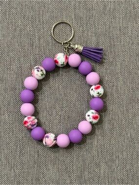 Purple & Floral Beaded Keychain Keyring Bracelet